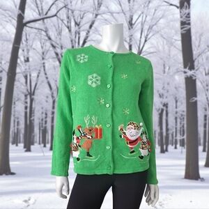 Green Christmas Cardigan Christmas Pull Size Small embroidered sweater